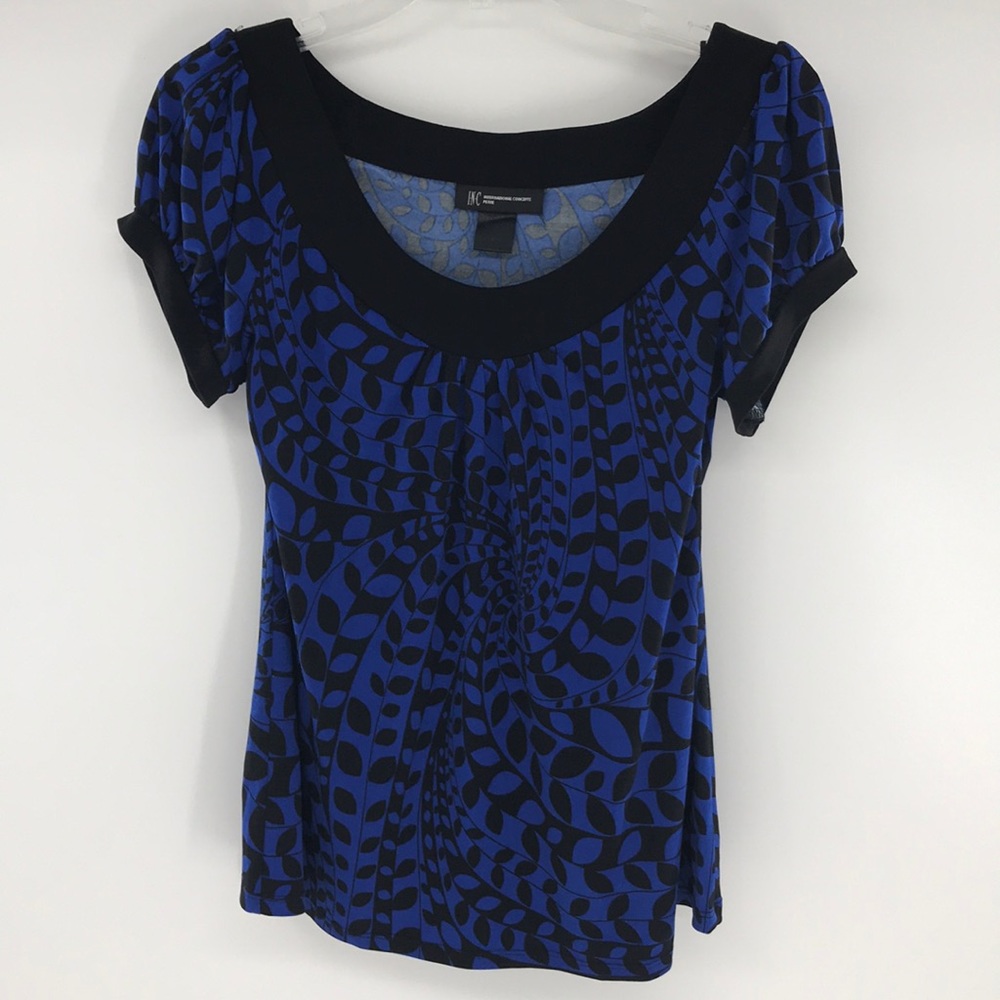 Size Medium Petite Blue/Black Tropical Leaves Print Top  INC Blouse